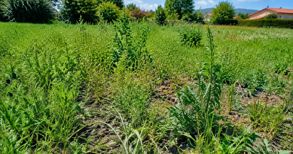 Parcelle de sol vide couverte de mauvaises herbes