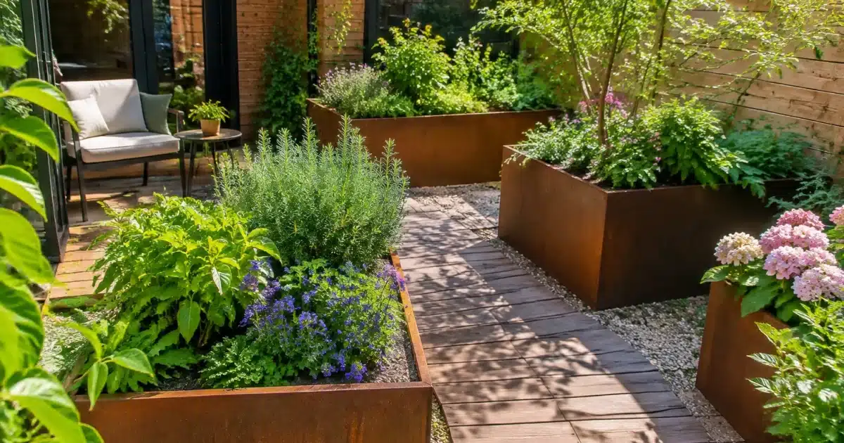 Petit jardin avec îlots de plantes surélevés remplaçant terrasse large