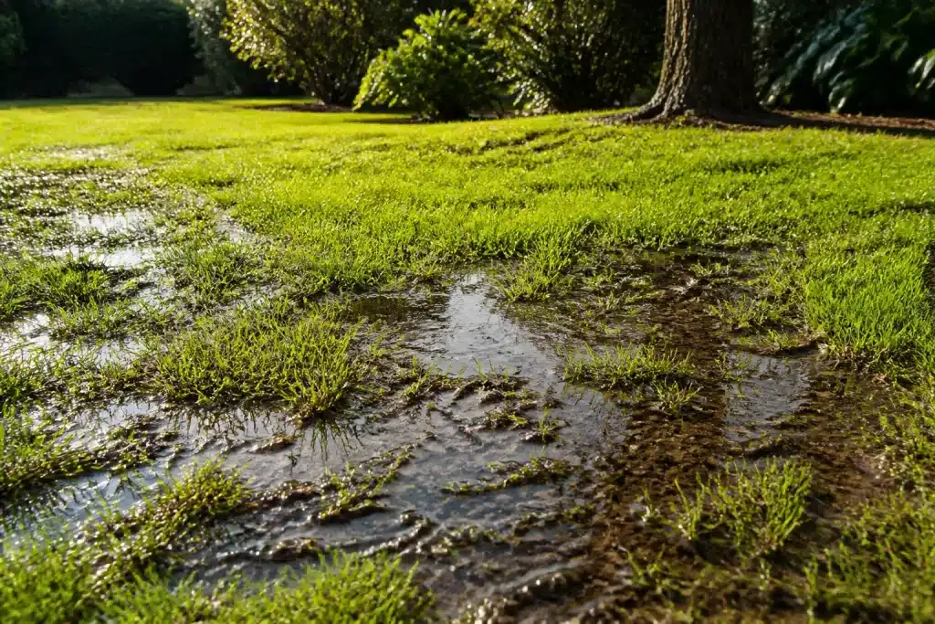 Pelouse trempee apres orage avec sol detrempe visiblement