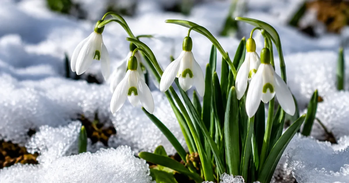 Petites fleurs blanches courbees sortant de la neige