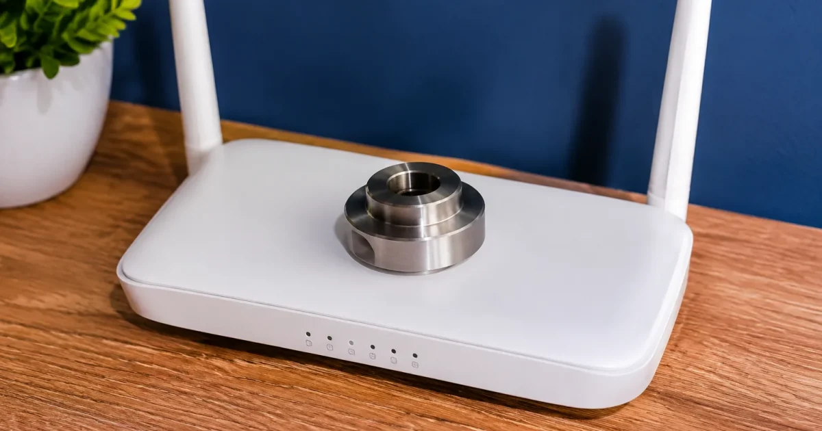 Piece metallique placee sur routeur Wi-Fi blanc horizontal