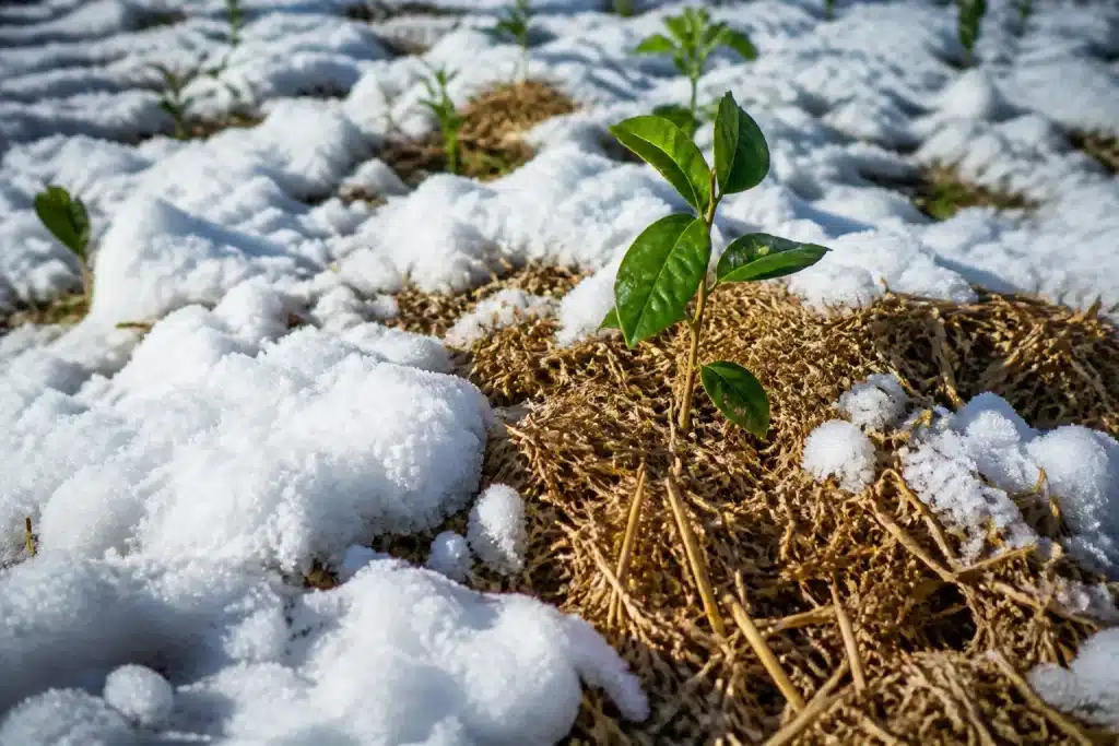 Jeunes plants protégés paillis sous neige hivernale