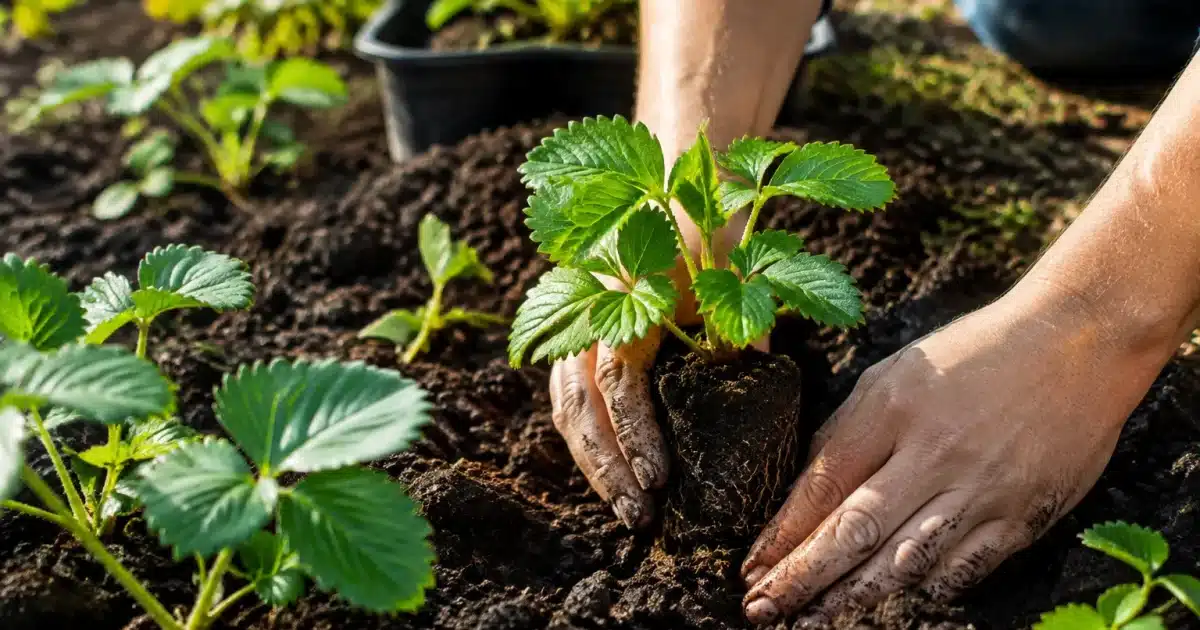 Mains plantant jeunes fraisiers dans terre humide automne