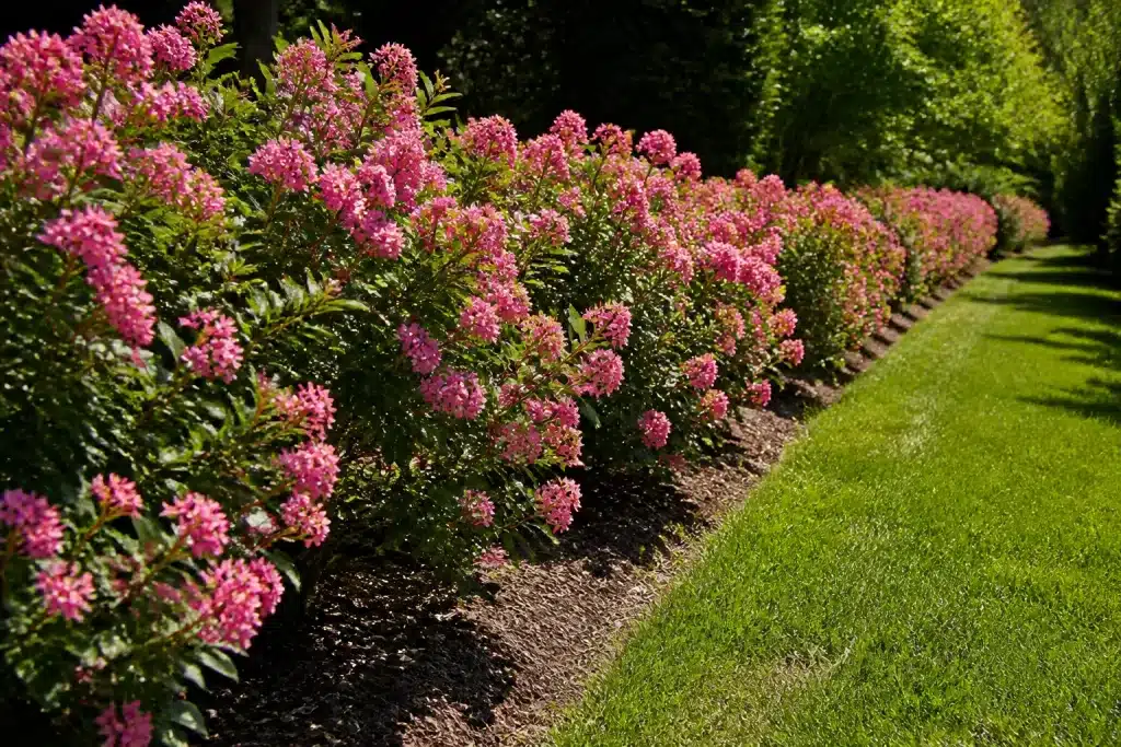Arbustes roses plantés en deux rangées décalées