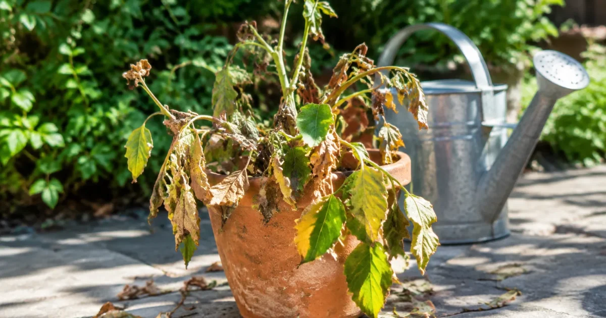 Plante fanee, feuilles tombees, arrosoir derriere le pot