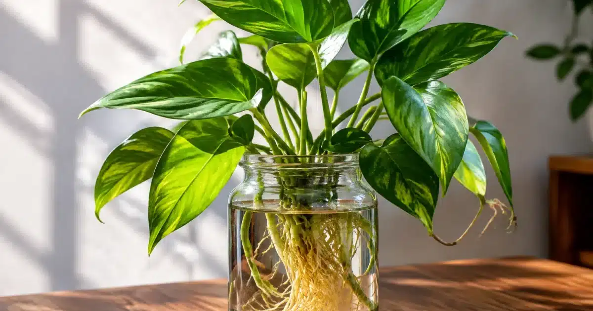 Plante verte luxuriante émergeant d'un bocal transparent rempli d'eau