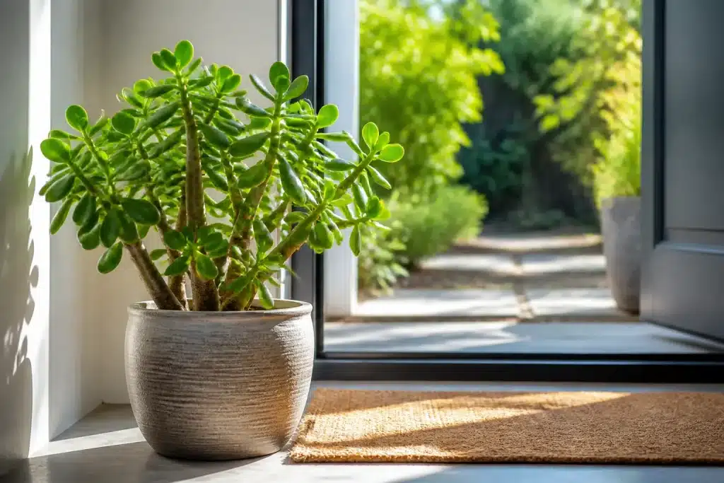 Plante jade verte positionnee pres entree maison lumineuse