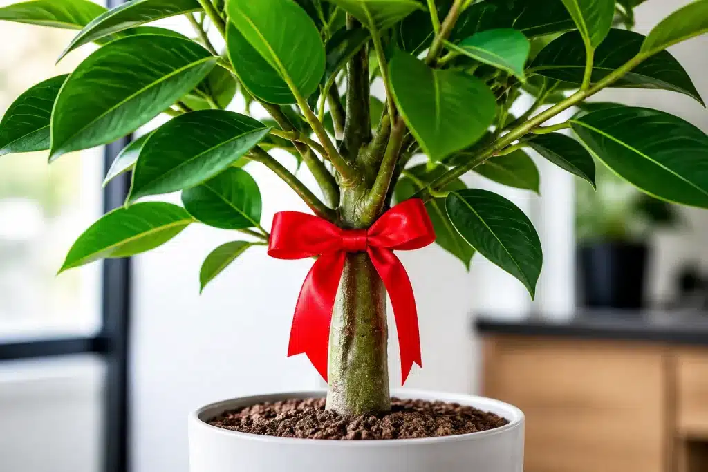 Plante verte avec ruban rouge noue autour tronc