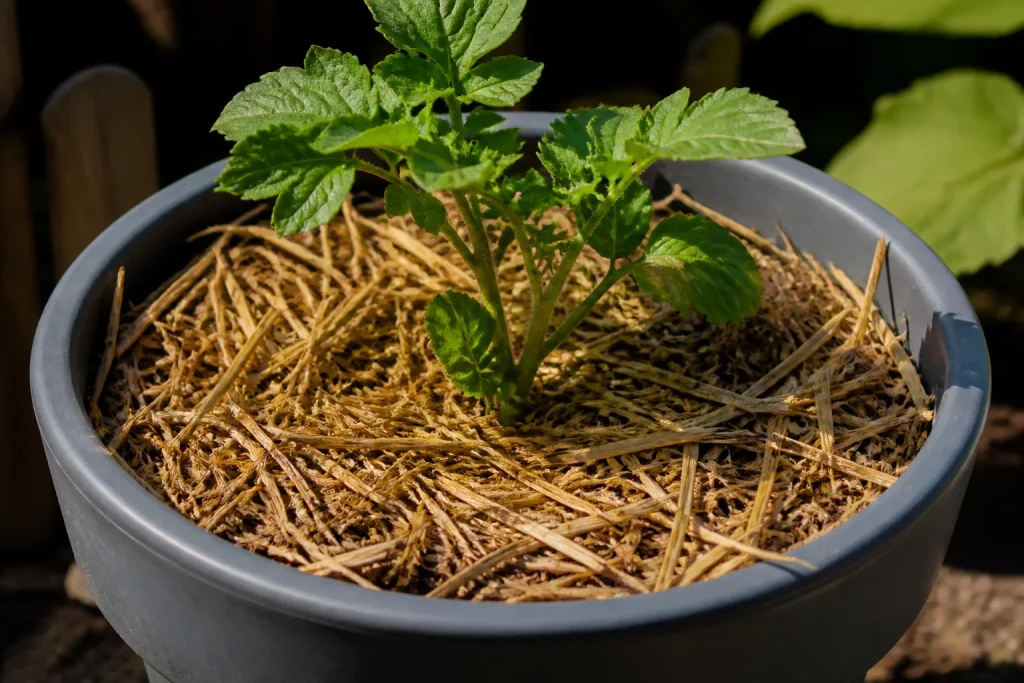 Plante en pot couverte de paille seche