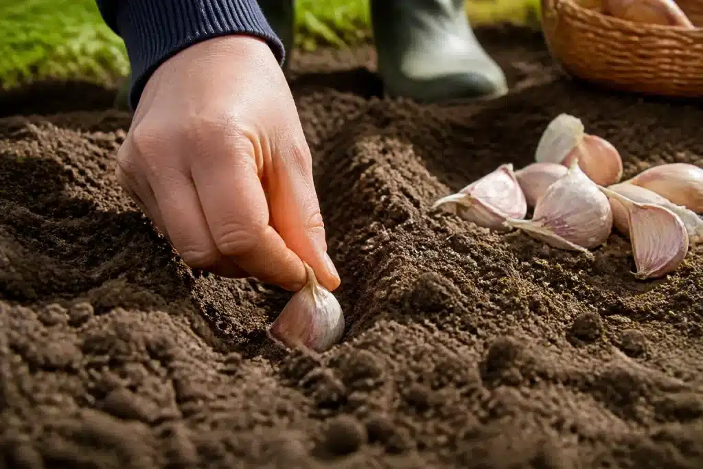 Mains plantant gousses ail dans sol meuble et drainant