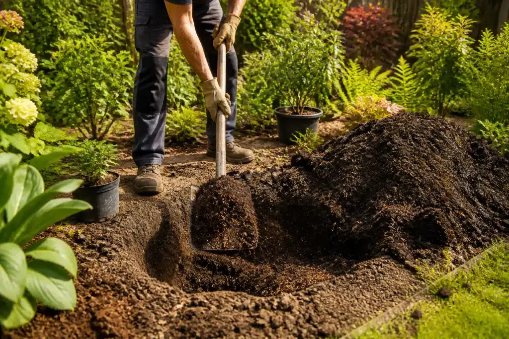 Jardinier creusant trou large avec compost brun