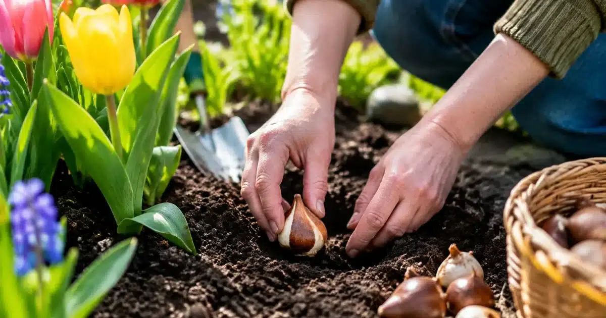 Mains plantant bulbes colorés dans terre fertile du jardin printemps