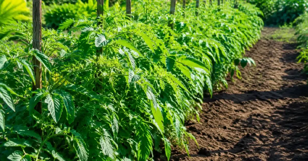 Plantes vertes poussant densement dans un potager aux sillons nus et espacés