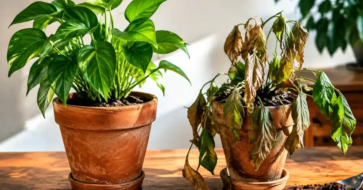 Deux pots avec plantes vertes, l'une prospère, l'autre fanée avec marc cafe