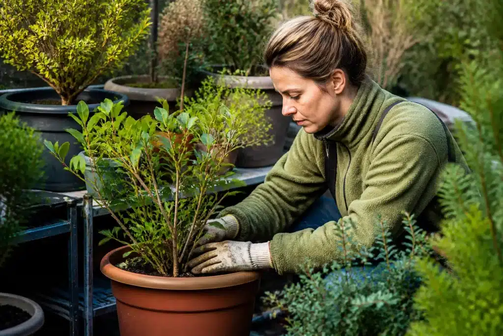 Plantes en pot inspectees individuellement avant rentree hivernale