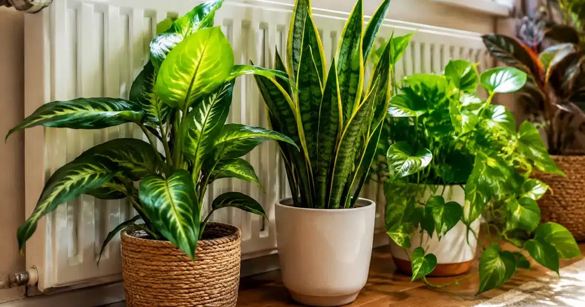 Potted plants positioned directly against radiator surface heat