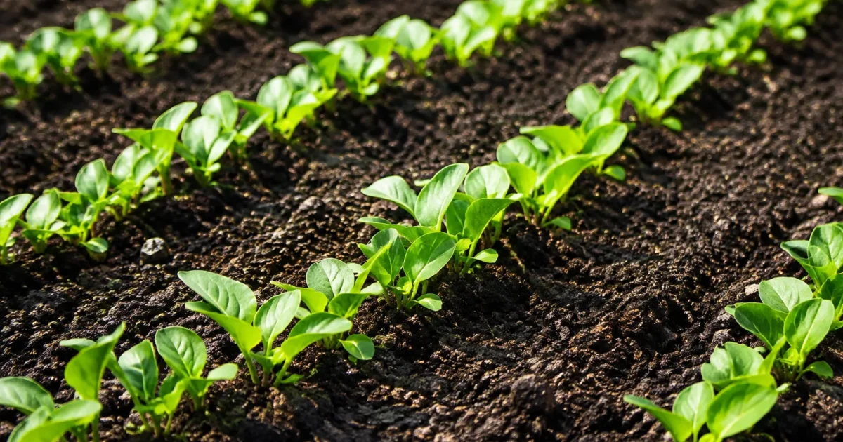 Plantules vertes alignees courbees dans rangees de terreau