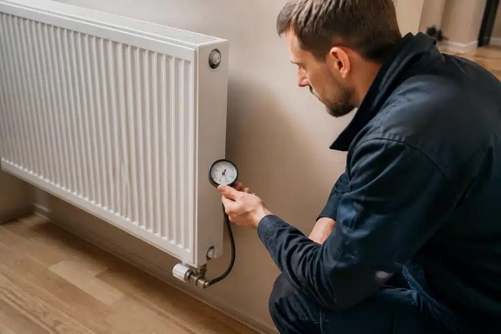 Plombier inspecte radiateur froid avec manometre pression