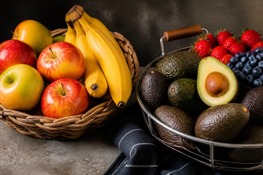 Pommes et bananes separees des avocats et fruits rouges