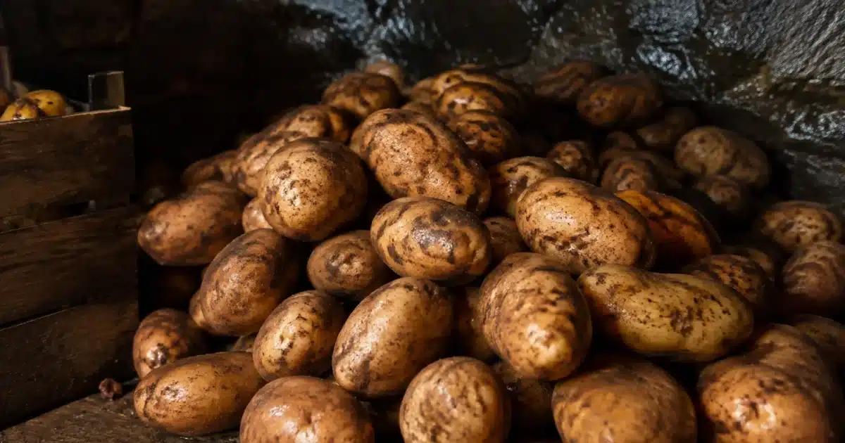 Tas de pommes de terre brunies stockées dans cave sombre humide