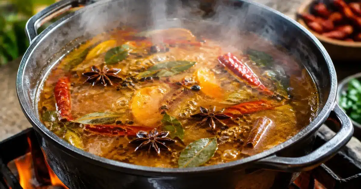 Pot fumant sur feu avec epices flottantes dedans