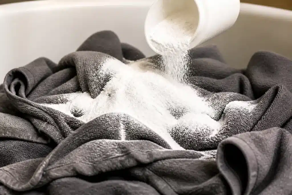 Poudre blanche versée sur serviettes grises sales