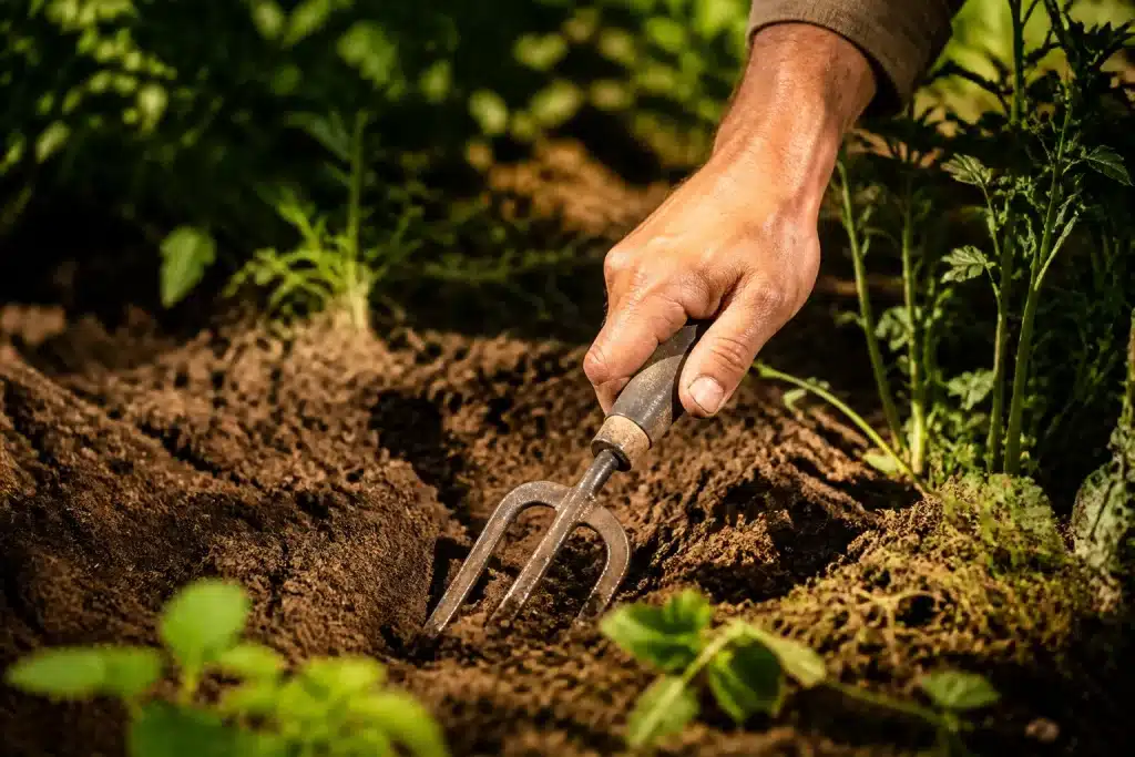 Main grattant terre meuble avec outils jardinage professionnels