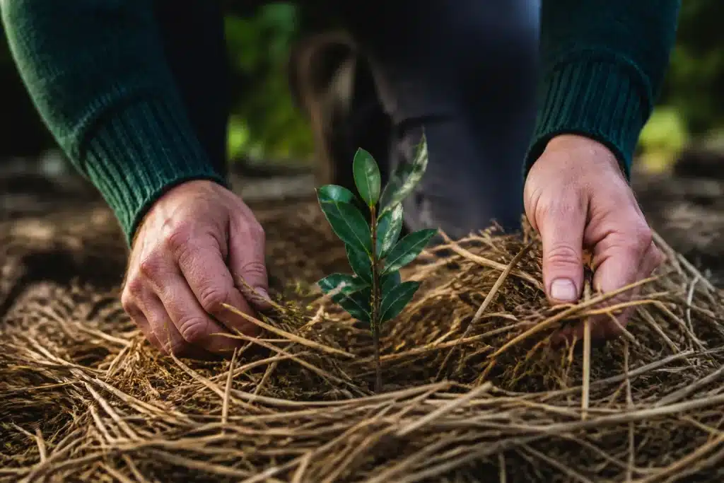 Mains protégeant jeune plante verte avant hiver