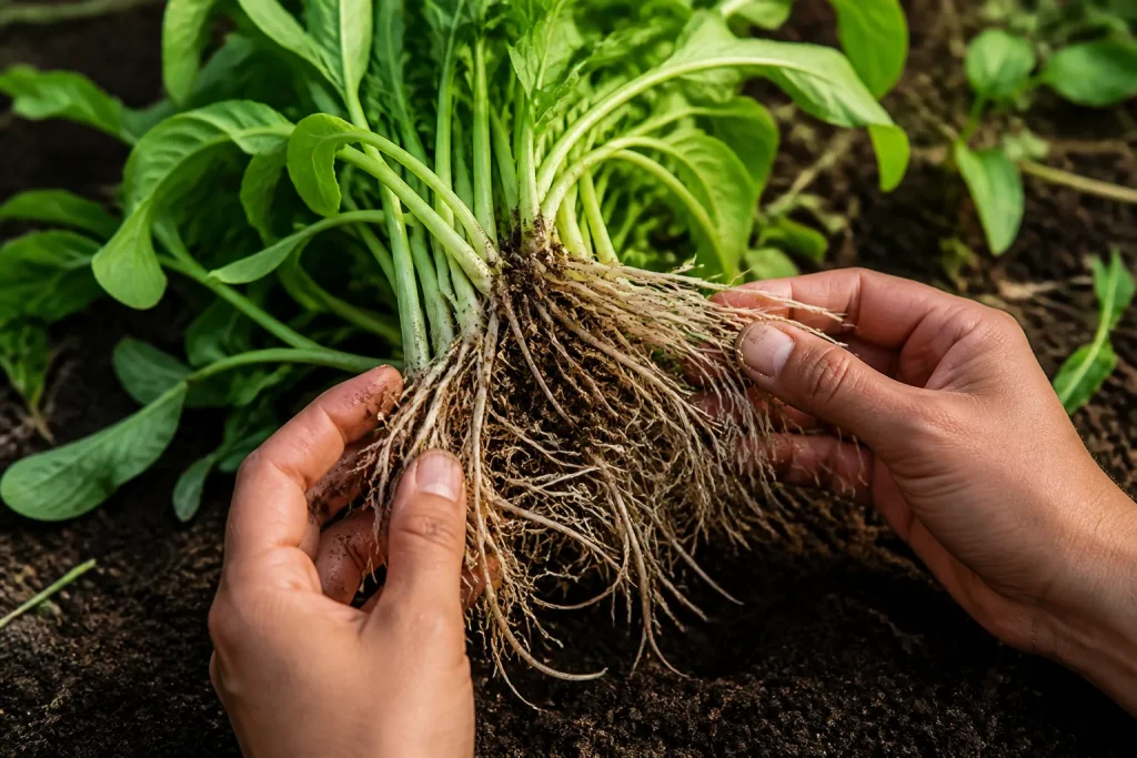Mains ecartant racines blanches d'une plante entiere
