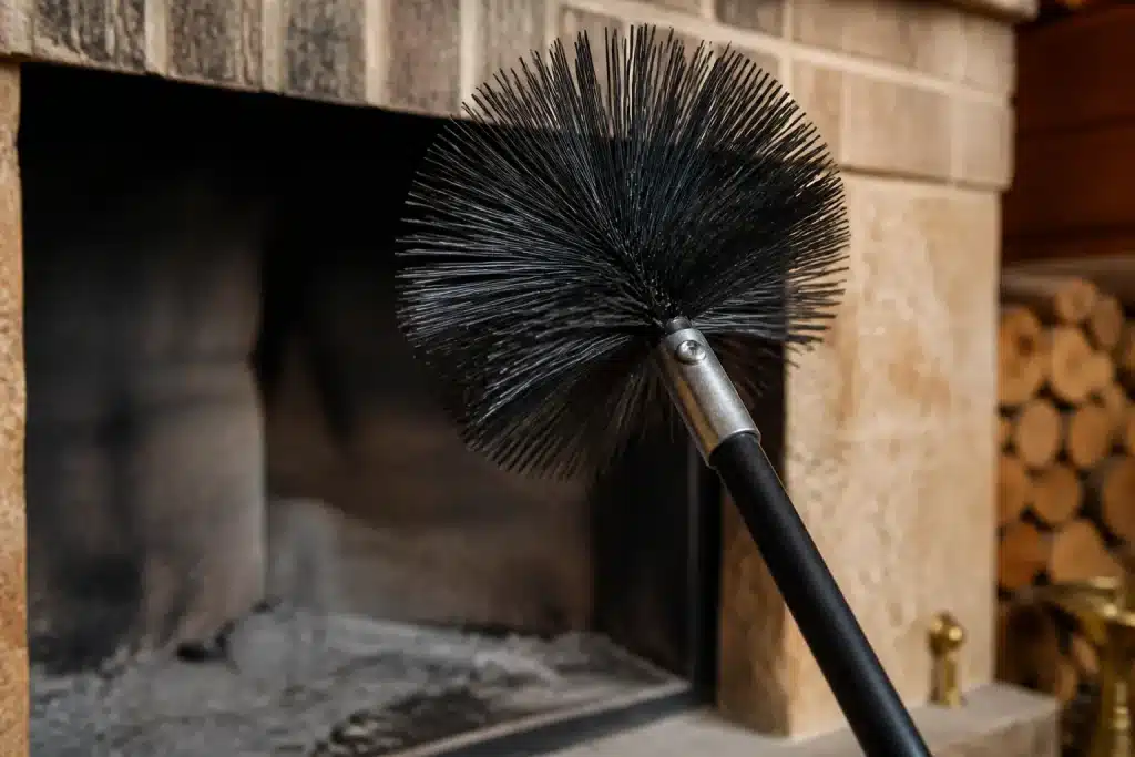 Brosse metallique et perche nettoyant cheminee noire