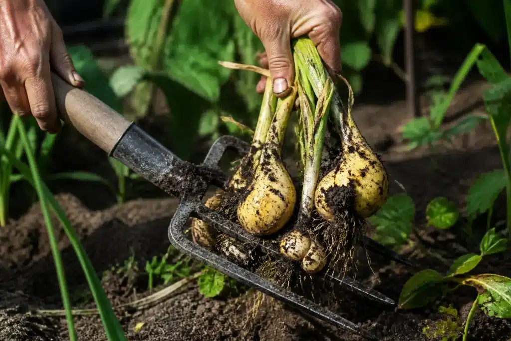 Mains soulevant bulbes jaunes à la fourche-bêche