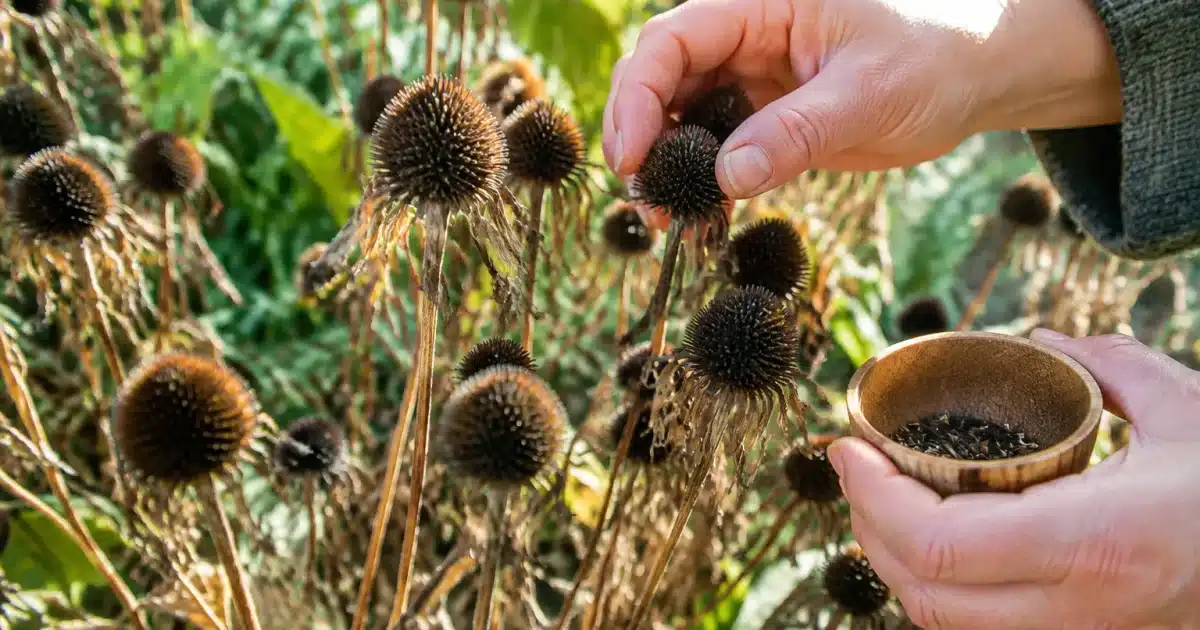 Mains cueillant graines mures sur fleurs seches dans jardin