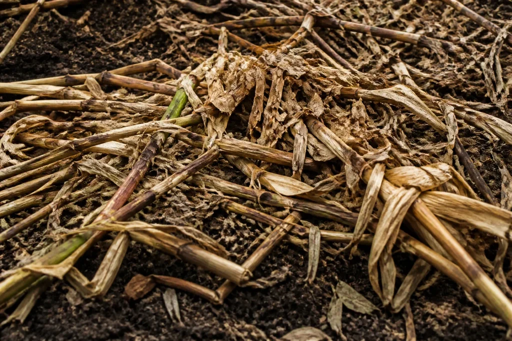 Residus recolte empiles sol fonce automne