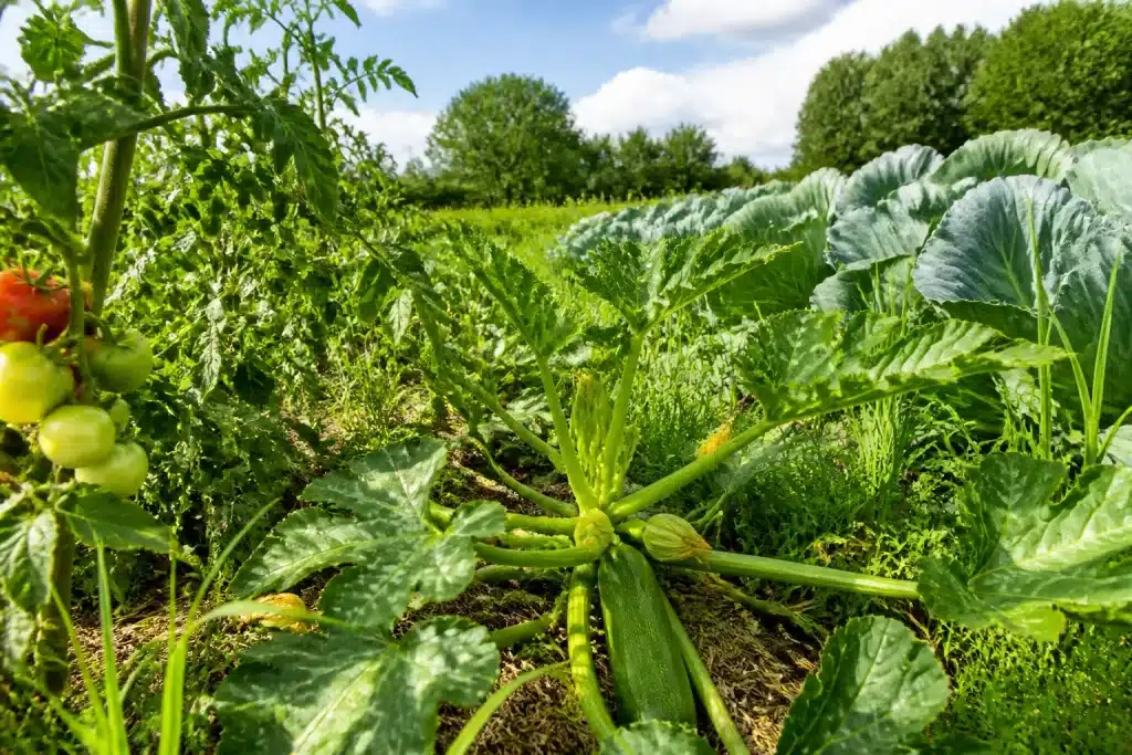 Champ avec tomates courgettes choux après engrais vert