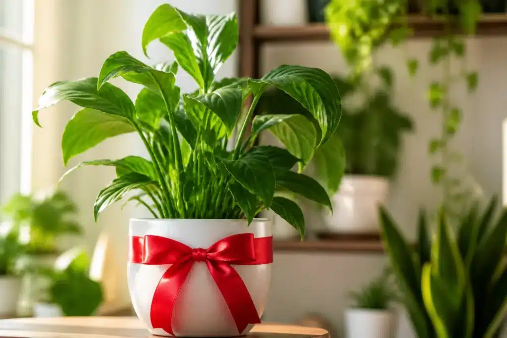 Ruban rouge noué autour plantes interieur maison