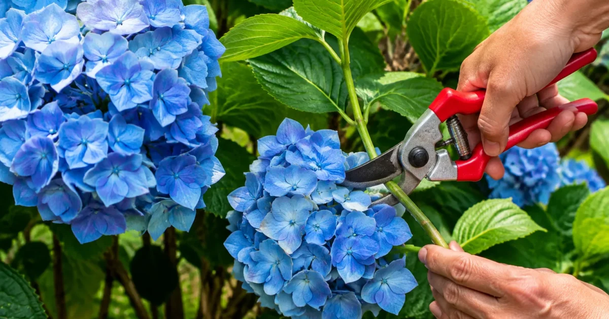 Secateur coupe branches hortensias fleur bleue