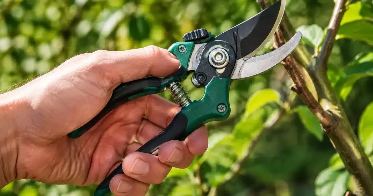 Secateur Parkside tenu en main, lames ouvertes pretes a couper branche
