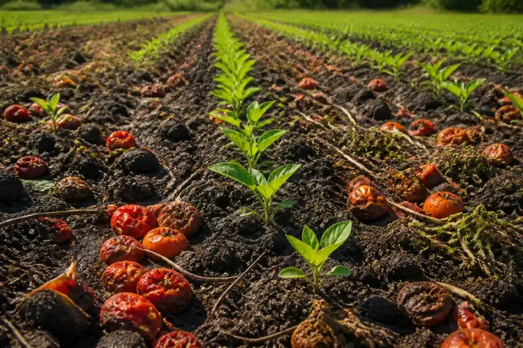 Semis automnal dans terre humide après moisson tomates