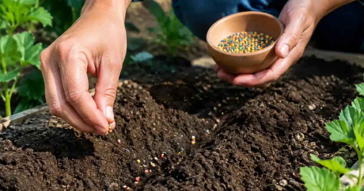 Mains semant des graines colorées dans terre humide de jardin
