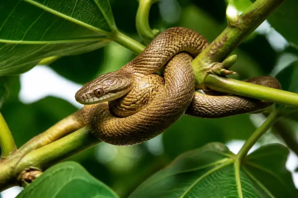 Couleuvre brune enroule autour branche figuier verte