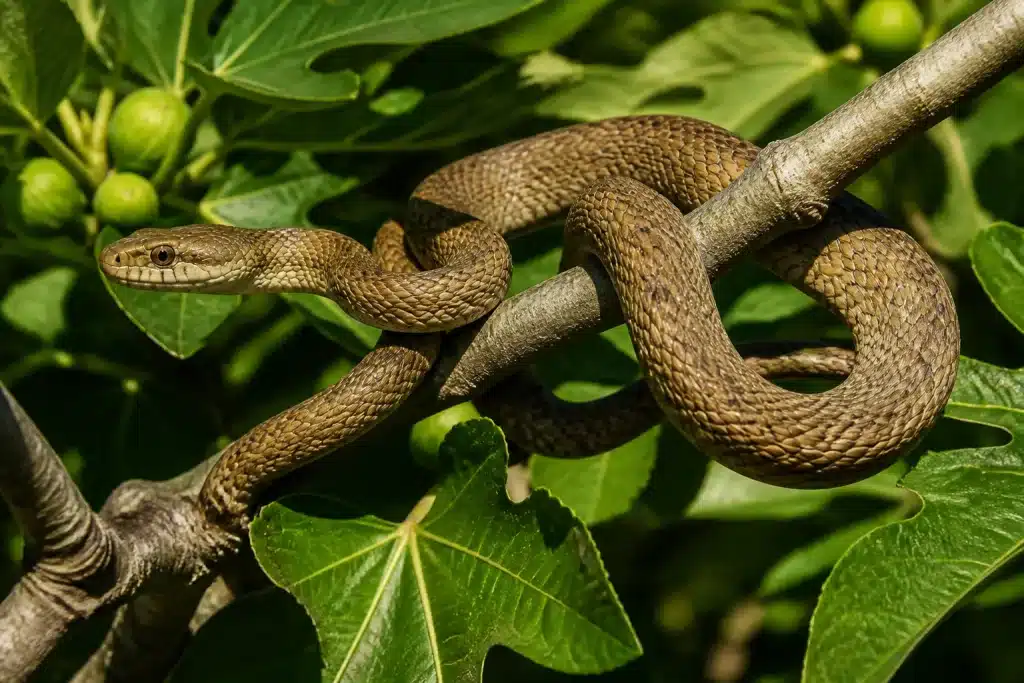 Couleuvre brune enroule autour branche figuier jardin