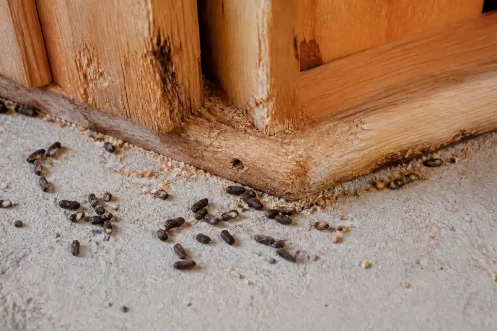 Excréments sombres et traces rongement bois souris