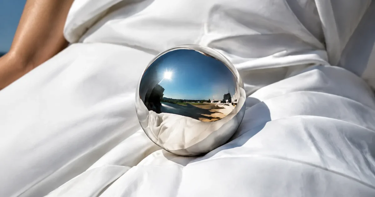 Sphere metallique brillante sur vetements blancs lisses