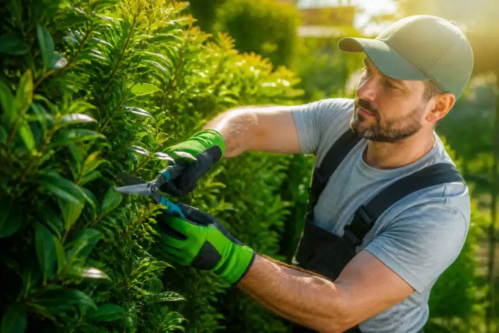 Jardinier taille arbuste vert avec sécateur printemps