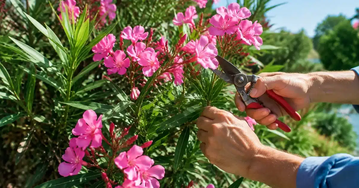 Main taillant branches fleuries de laurier-rose en pleine floraison