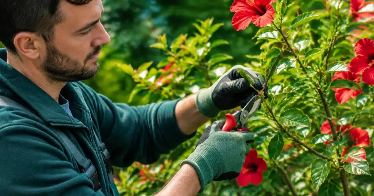 Pepinieriste taillant branche hibiscus avec secateur en main