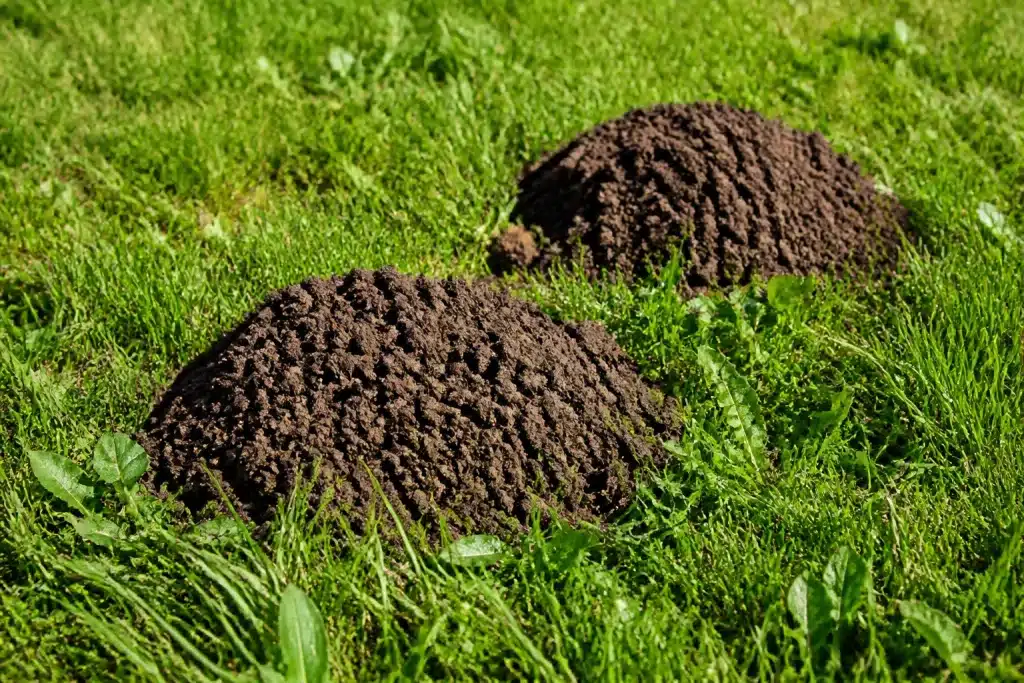 Monticules de terre frais dans herbe verte de jardin