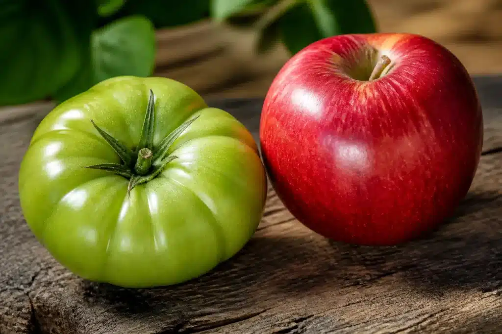 Tomate verte placee pres d'une pomme rouge