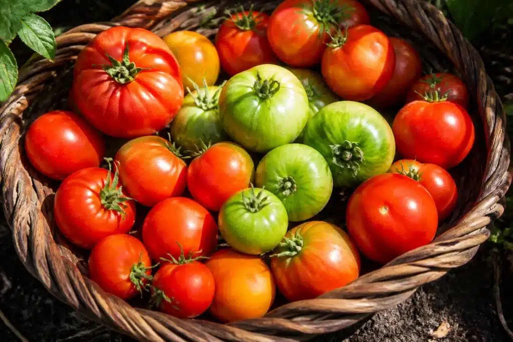 Tomates rouges mûres et vertes dans un panier
