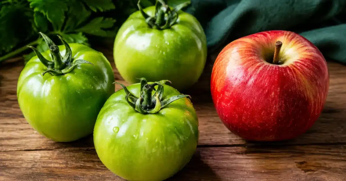 Tomates vertes posees sur table avec pomme rouge a cote